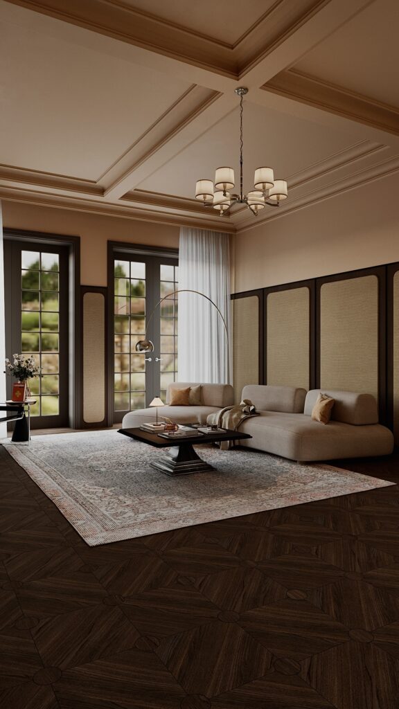 Design interior living clasic contemporan cu șemineu din marmură gri, canapea crem, fotoliu Wassily, panouri textile pe pereți și uși franceze cu vedere la grădină - Fabiano Interiors Oradea