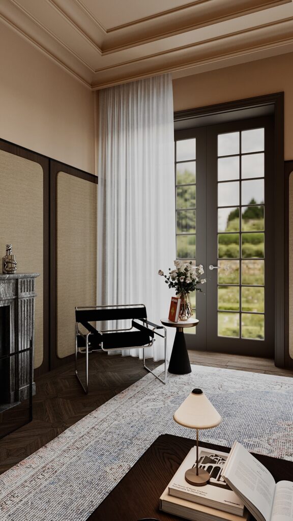 Design interior living clasic contemporan cu șemineu din marmură gri, canapea crem, fotoliu Wassily, panouri textile pe pereți și uși franceze cu vedere la grădină - Fabiano Interiors Oradea