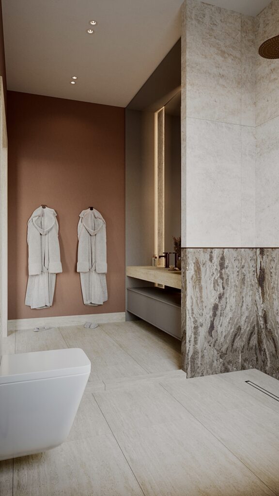 Design interior baie contemporană cu placări din piatră, duș deschis și mobilier suspendat minimalist Amenajare realizată de Fabiano Interiors, expert design interior Oradea.
