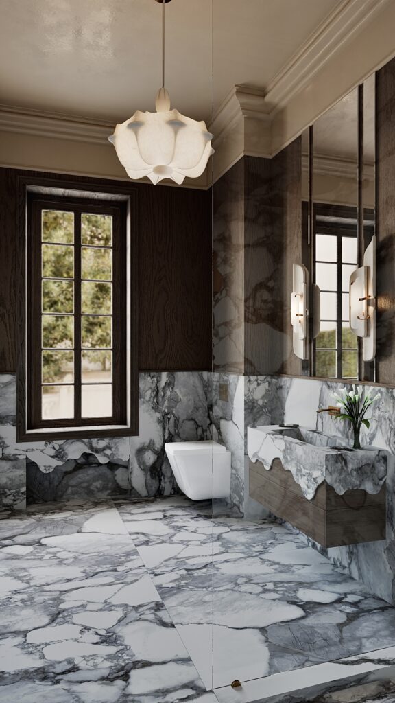 Design baie de lux cu duș walk-in, sticlă cu profil negru, pereți din marmură, nișe luminate pentru depozitare și vas wc suspendat, proiect de design interior Oradea semnat Fabiano Interiors.