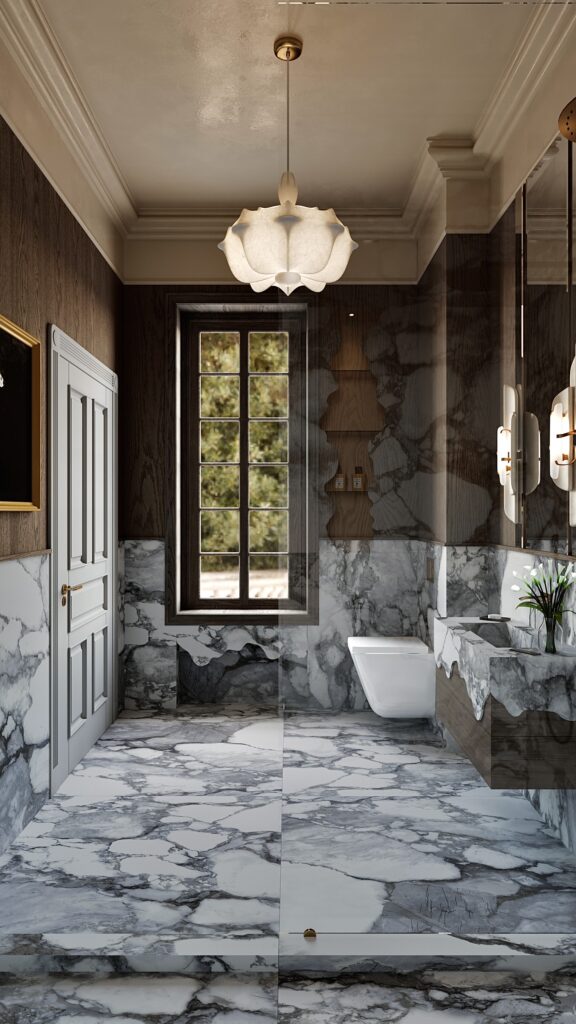 Baie modernă cu marmură albă, mobilier suspendat negru mat, lavoare bol albe și oglinzi mari cu iluminare LED perimetrală, amenajare realizată de Fabiano Interiors, expert design interior Oradea.
