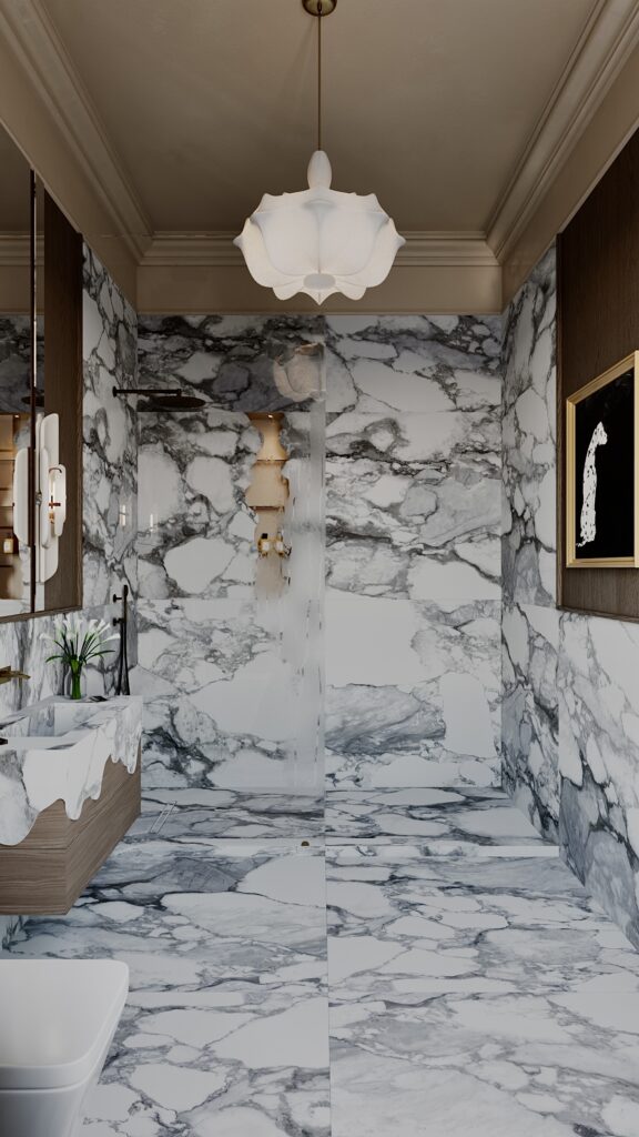 Design baie de lux cu duș walk-in, sticlă cu profil negru, pereți din marmură, nișe luminate pentru depozitare și vas wc suspendat, proiect de design interior Oradea semnat Fabiano Interiors.
