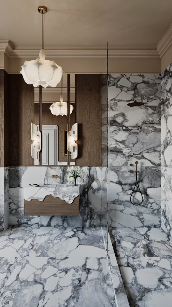 Design baie de lux cu duș walk-in, sticlă cu profil negru, pereți din marmură, nișe luminate pentru depozitare și vas wc suspendat, proiect de design interior Oradea semnat Fabiano Interiors.