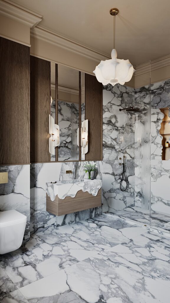 Baie modernă cu marmură albă, mobilier suspendat negru mat, lavoare bol albe și oglinzi mari cu iluminare LED perimetrală, amenajare realizată de Fabiano Interiors, expert design interior Oradea.