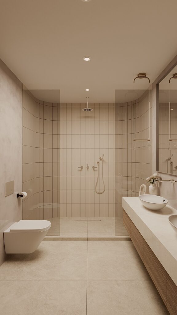 Design baie modernă cu duș walk-in, pereți placați cu ceramică bej, baterii încastrate, pardoseală din piatră și detalii din lemn natural. Amenajare realizată de Fabiano Interiors, expert design interior Oradea.