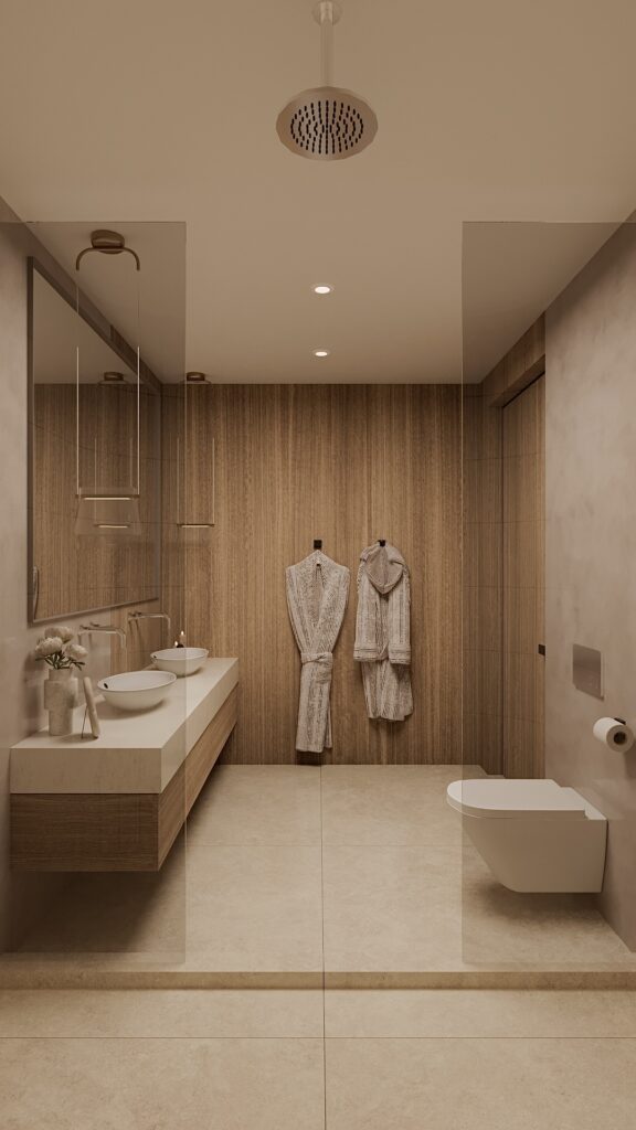 Baie modernă cu lavoare duble pe blat alb, mobilier suspendat din lemn, oglindă mare și pendule din sticlă, design interior minimalist în tonuri de bej. Amenajare realizată de Fabiano Interiors, expert design interior Oradea.