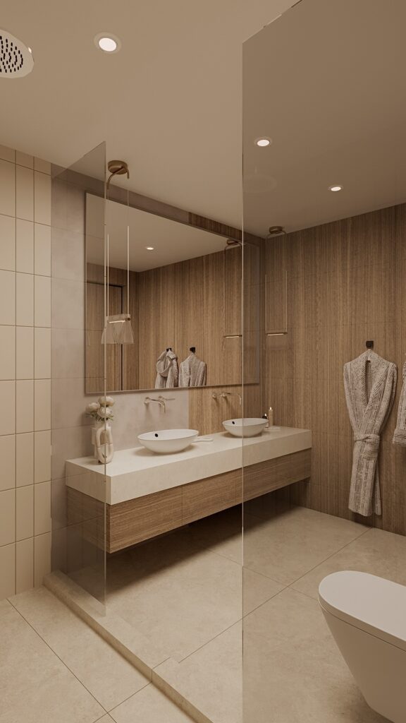 Design baie modernă cu duș walk-in, pereți placați cu ceramică bej, baterii încastrate, pardoseală din piatră și detalii din lemn natural. Amenajare realizată de Fabiano Interiors, expert design interior Oradea.