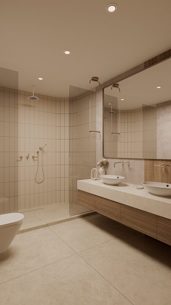 Baie modernă cu lavoare duble pe blat alb, mobilier suspendat din lemn, oglindă mare și pendule din sticlă, design interior minimalist în tonuri de bej. Amenajare realizată de Fabiano Interiors, expert design interior Oradea.
