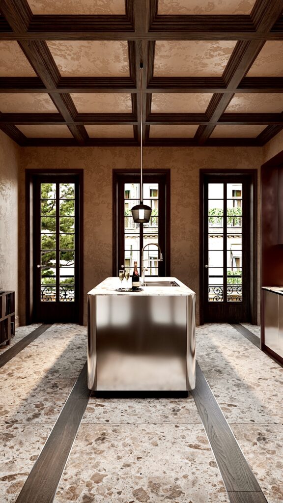 Bucătărie de lux cu insulă din aluminiu, blat din marmură Arabescato roșcată, pendant modern, pardoseală din terrazzo cu inserții de lemn și uși de balcon clasice, amenajare realizată de Fabiano Interiors, expert design interior Oradea.
