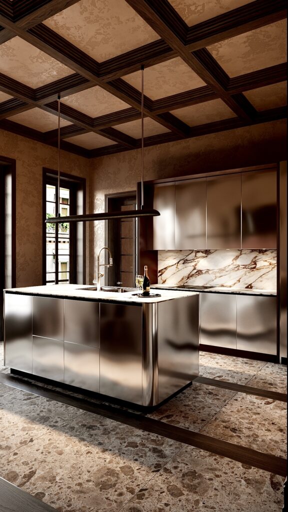 Mobilier bucătărie din aluminiu cu uși escamotabile pocket doors, interior vișiniu, blat din marmură și tavan casetat din lemn cu cornișe, proiect de design interior Oradea semnat Fabiano Interiors.