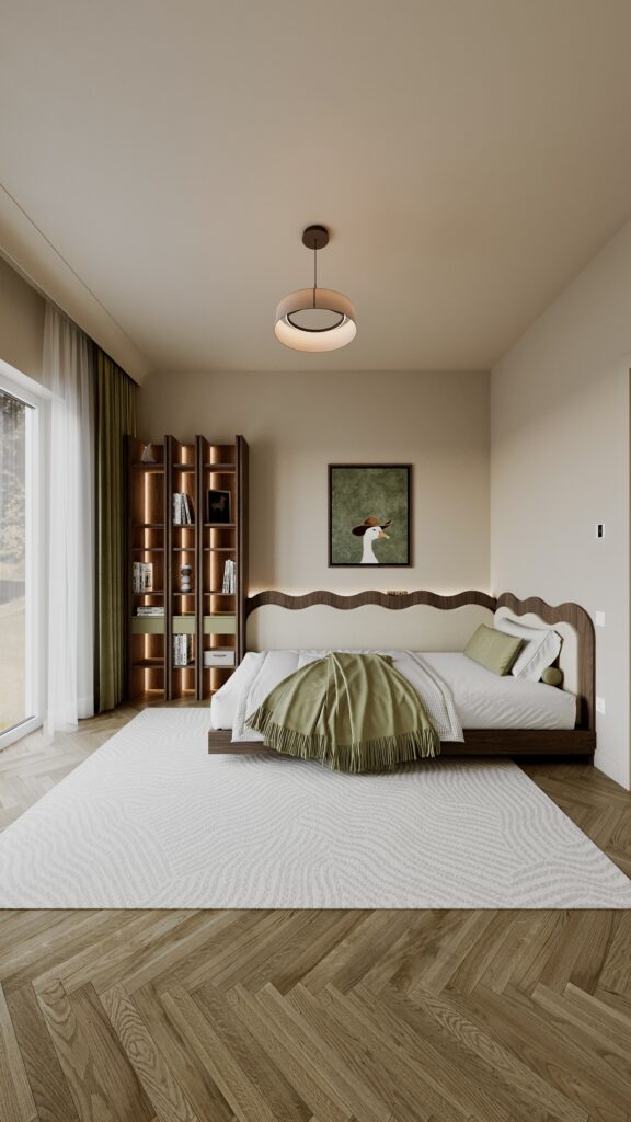 Dormitor modern pentru băiat cu pat din lemn, tăblie ondulată, birou minimalist și dulap cu fronturi texturate, în nuanțe de verde olive și bej Amenajare realizată de Fabiano Interiors, expert design interior Oradea.