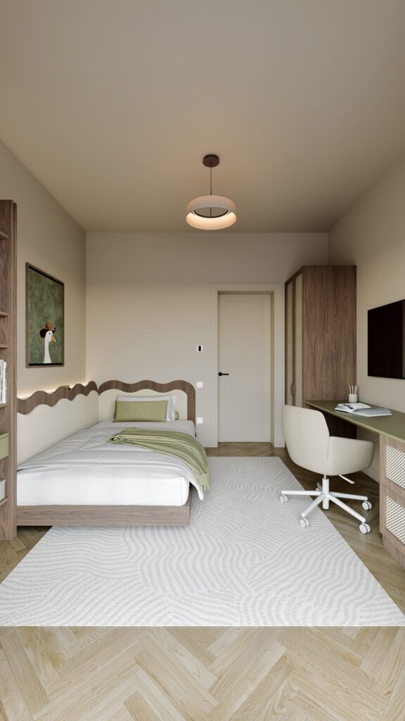 Dormitor modern pentru băiat cu pat din lemn, tăblie ondulată, birou minimalist și dulap cu fronturi texturate, în nuanțe de verde olive și bej Amenajare realizată de Fabiano Interiors, expert design interior Oradea.