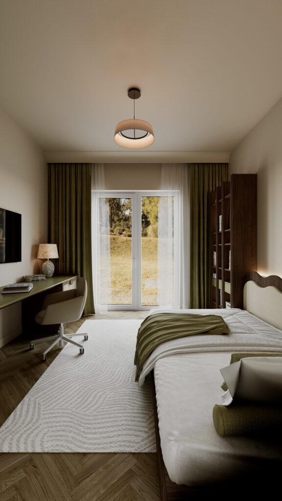 Dormitor modern pentru băiat cu pat din lemn, tăblie ondulată, birou minimalist și dulap cu fronturi texturate, în nuanțe de verde olive și bej Amenajare realizată de Fabiano Interiors, expert design interior Oradea.