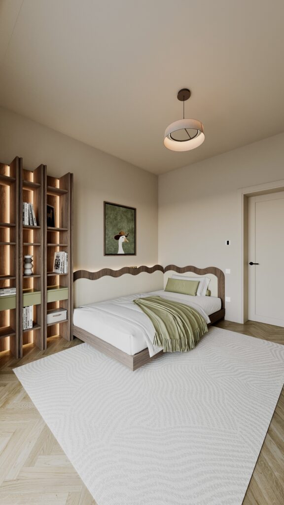 Dormitor modern pentru băiat cu pat din lemn, tăblie ondulată, birou minimalist și dulap cu fronturi texturate, în nuanțe de verde olive și bej Amenajare realizată de Fabiano Interiors, expert design interior Oradea.