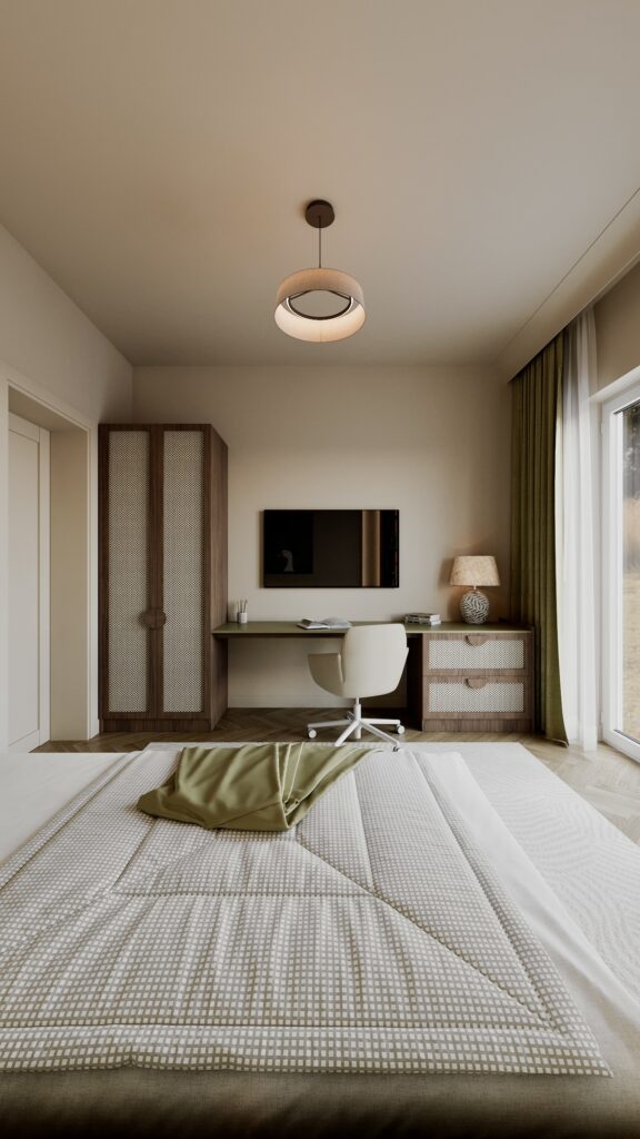 Dormitor modern pentru băiat cu pat din lemn, tăblie ondulată, birou minimalist și dulap cu fronturi texturate, în nuanțe de verde olive și bej Amenajare realizată de Fabiano Interiors, expert design interior Oradea.