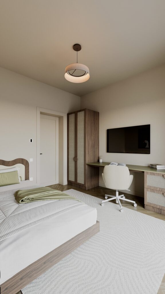 Dormitor modern pentru băiat cu pat din lemn, tăblie ondulată, birou minimalist și dulap cu fronturi texturate, în nuanțe de verde olive și bej Amenajare realizată de Fabiano Interiors, expert design interior Oradea.