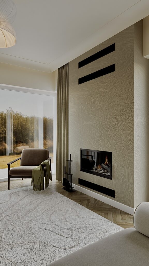 Living Japandi cu parchet chevron, covor texturat, șemineu modern, bibliotecă din lemn și zonă de dining, amenajare realizată de Fabiano Interiors, expert design interior Oradea.