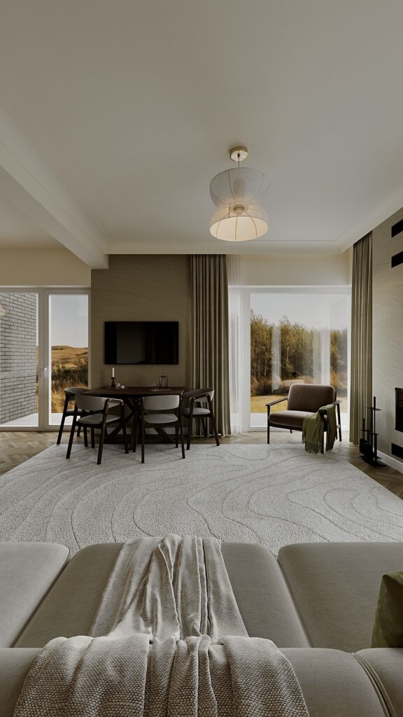 Living Japandi cu parchet chevron, covor texturat, șemineu modern, bibliotecă din lemn și zonă de dining, amenajare realizată de Fabiano Interiors, expert design interior Oradea.