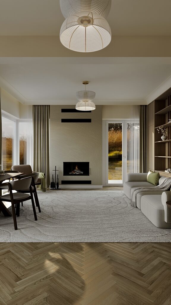 Living Japandi cu parchet chevron, covor texturat, șemineu modern, bibliotecă din lemn și zonă de dining, amenajare realizată de Fabiano Interiors, expert design interior Oradea.