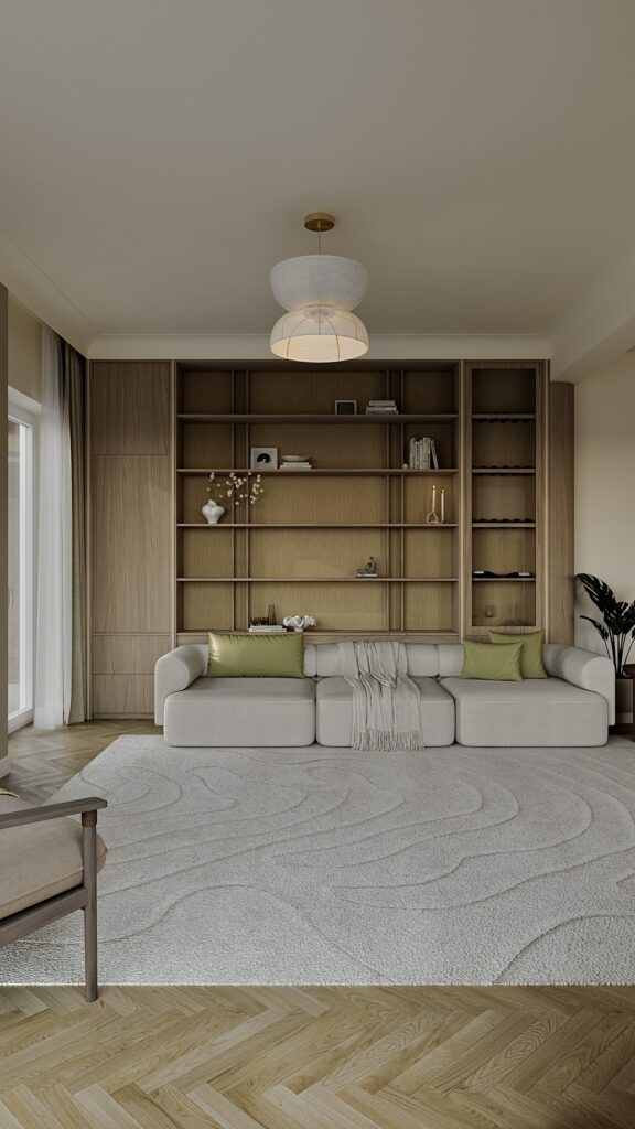Living Japandi cu parchet chevron, covor texturat, șemineu modern, bibliotecă din lemn și zonă de dining, amenajare realizată de Fabiano Interiors, expert design interior Oradea.