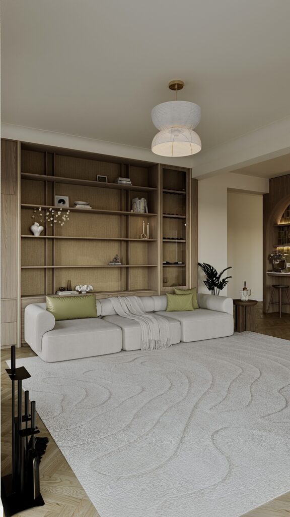 Living Japandi cu parchet chevron, covor texturat, șemineu modern, bibliotecă din lemn și zonă de dining, amenajare realizată de Fabiano Interiors, expert design interior Oradea.