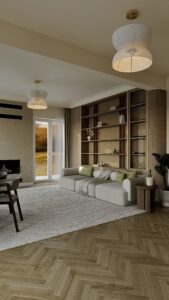 Living Japandi cu parchet chevron, covor texturat, șemineu modern, bibliotecă din lemn și zonă de dining, amenajare realizată de Fabiano Interiors, expert design interior Oradea.