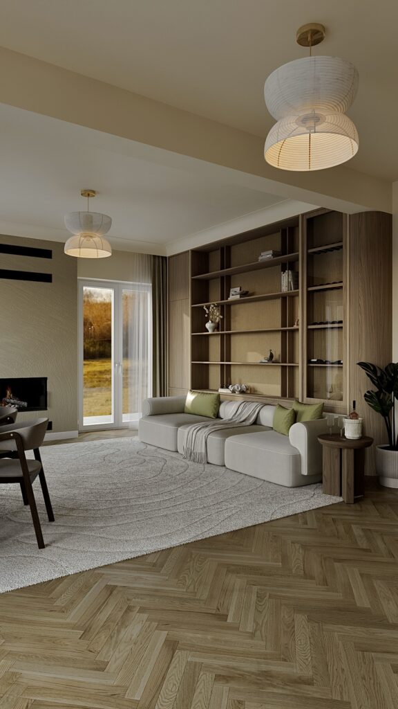 Living Japandi cu parchet chevron, covor texturat, șemineu modern, bibliotecă din lemn și zonă de dining, amenajare realizată de Fabiano Interiors, expert design interior Oradea.