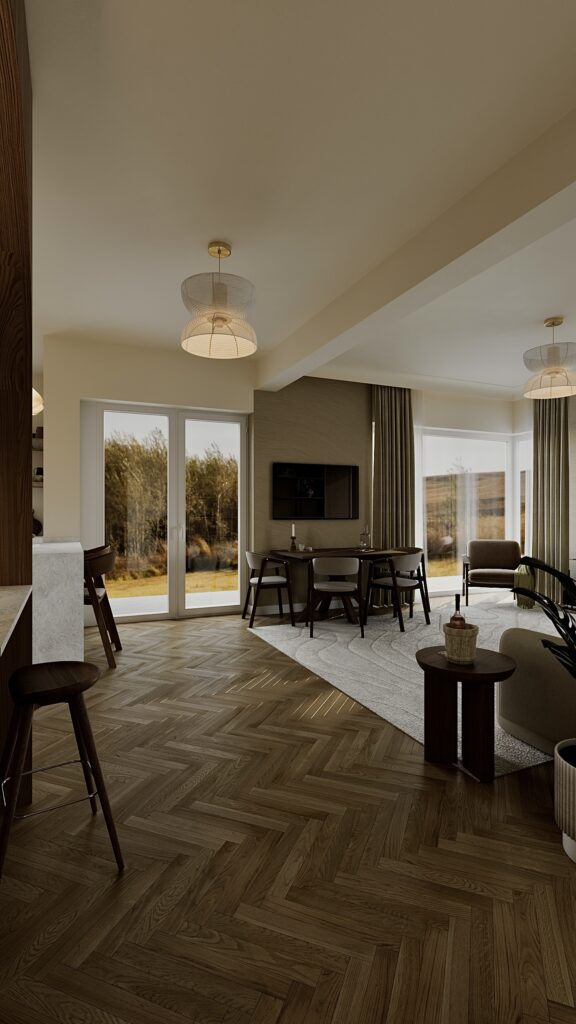 Living Japandi cu parchet chevron, covor texturat, șemineu modern, bibliotecă din lemn și zonă de dining, amenajare realizată de Fabiano Interiors, expert design interior Oradea.
