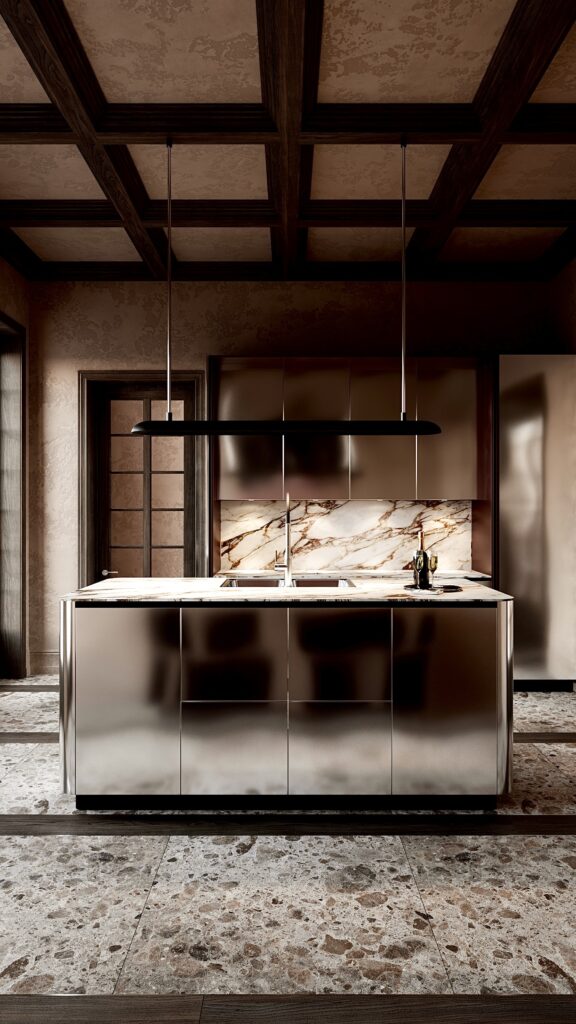 Mobilier bucătărie din aluminiu cu uși escamotabile pocket doors, interior vișiniu, blat din marmură și tavan casetat din lemn cu cornișe, proiect de design interior Oradea semnat Fabiano Interiors.