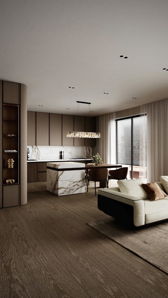 Amenajare open space cu bucătărie minimalistă, insulă din marmură și living cu mobilier curbat, design Fabiano Interiors.