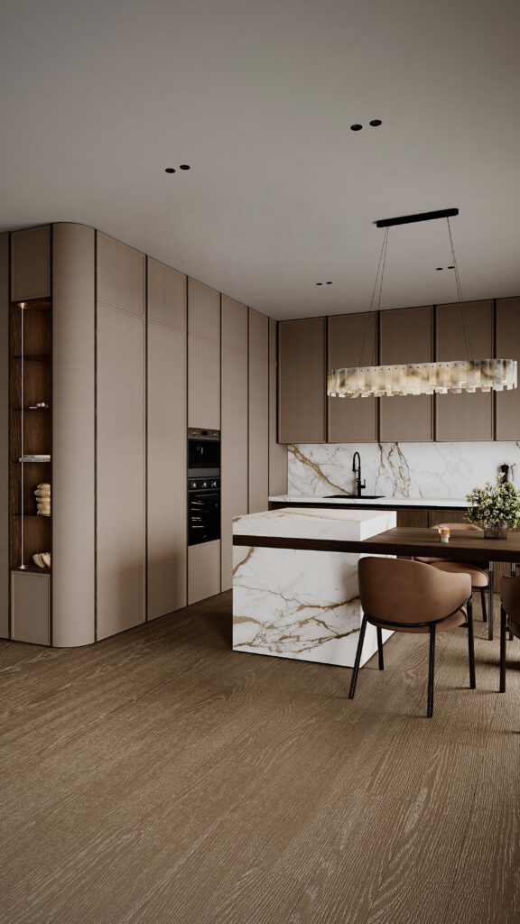 Amenajare open space cu bucătărie și living, insulă din marmură, mobilier minimalist în tonuri de bej și corpuri de iluminat circulare, design Fabiano Interiors.