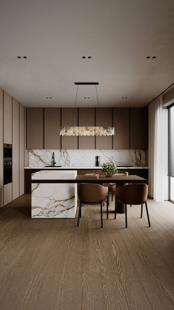 Amenajare open space cu bucătărie minimalistă, insulă din marmură și living cu mobilier curbat, design Fabiano Interiors.