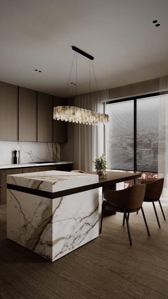 Amenajare open space cu bucătărie și living, insulă din marmură, mobilier minimalist în tonuri de bej și corpuri de iluminat circulare, design Fabiano Interiors.