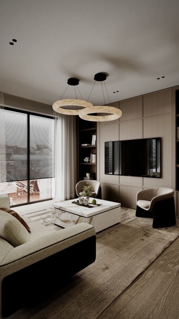 Amenajare open space cu bucătărie minimalistă, insulă din marmură și living cu mobilier curbat, design Fabiano Interiors.