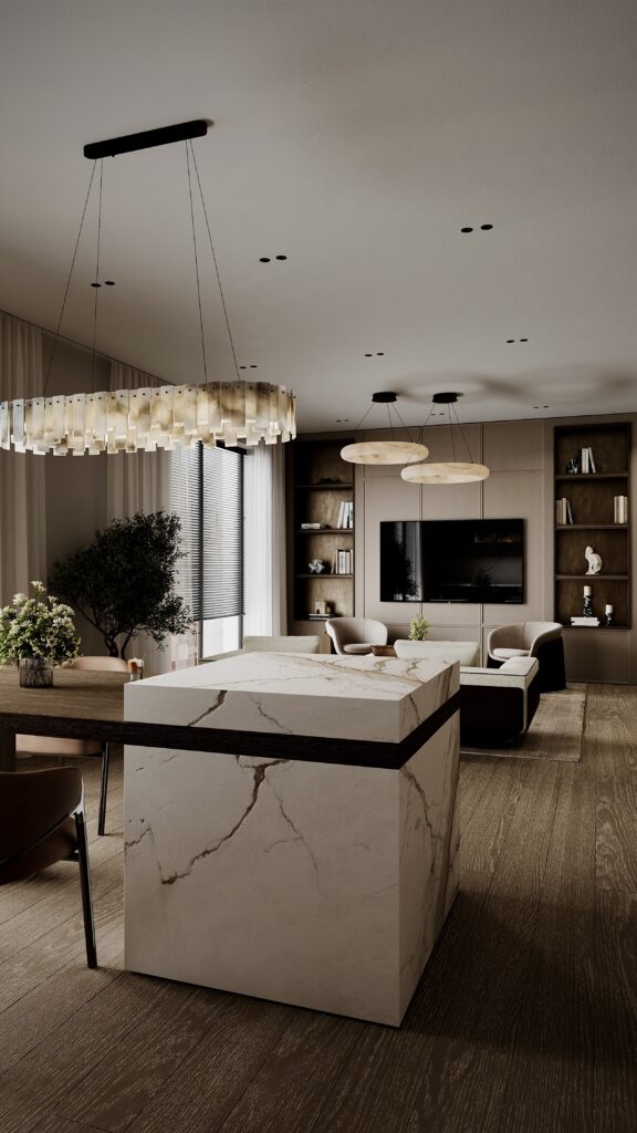 Amenajare open space cu bucătărie și living, insulă din marmură, mobilier minimalist în tonuri de bej și corpuri de iluminat circulare, design Fabiano Interiors.