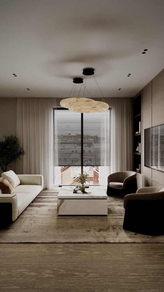 Amenajare open space cu bucătărie minimalistă, insulă din marmură și living cu mobilier curbat, design Fabiano Interiors.