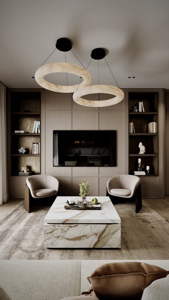 Amenajare open space cu bucătărie și living, insulă din marmură, mobilier minimalist în tonuri de bej și corpuri de iluminat circulare, design Fabiano Interiors.