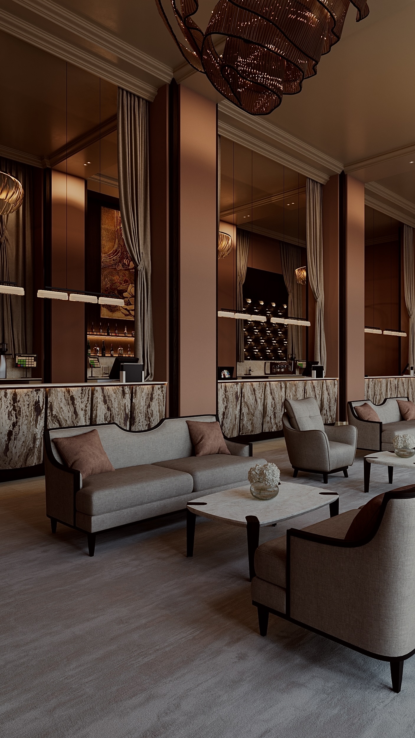 Lounge bar de hotel 5 stele cu front din piatră naturală, mobilier clasic și iluminat arhitectural cald, design Fabiano Interiors.