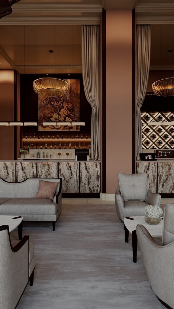 Lounge bar de hotel 5 stele cu front din piatră naturală, mobilier clasic și iluminat arhitectural cald, design Fabiano Interiors.