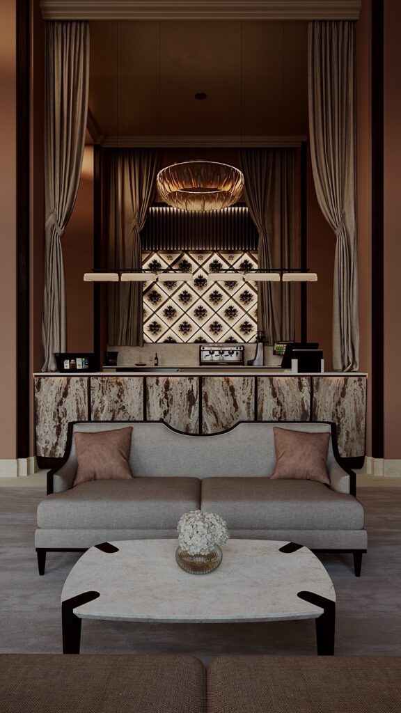 Lounge bar de hotel 5 stele cu front din piatră naturală, mobilier clasic și iluminat arhitectural cald, design Fabiano Interiors.