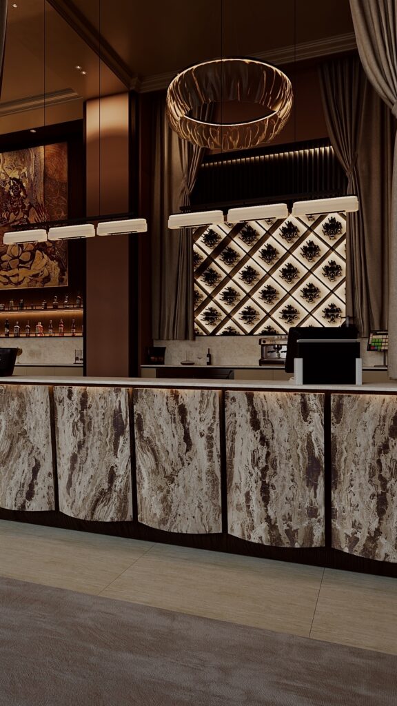 Lounge bar de hotel 5 stele cu front din piatră naturală, mobilier clasic și iluminat arhitectural cald, design Fabiano Interiors.