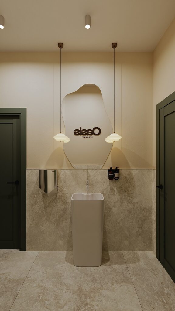 Design interior baie și hol de acces realizat de Fabiano Interiors în Oradea pentru Oasis Complex, cu lavoar freestanding freestanding modern, oglindă asimetrică organică, corpuri de iluminat suspendate cu design retro-minimalist, uși verzi în nuanță măslinie, placări ceramice cu aspect de piatră naturală și tablou decorativ.