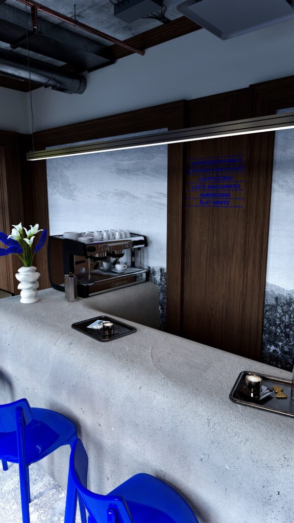 Imagine a unui design interior de cafenea din Oradea realizat de Fabiano Interiors, cu pereți și tâmplării din lemn închis, bar cu finisaj mineral texturat, scaune de bar albastre și iluminat contemporan. Spațiul combină materiale naturale, texturi decorative și accente cromatice puternice într-o amenajare elegantă și modernă.