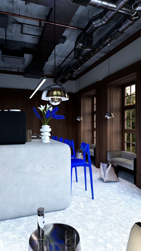 Amenajare interioară de cafenea în Oradea realizată de Fabiano Interiors, cu bar curbat cu finisaj texturat, mobilier din lemn închis, scaune albastre, ferestre cu tâmplărie din lemn și instalații aparente integrate în designul tavanului. Interior contemporan cu accente industriale, materiale naturale și iluminat decorativ.