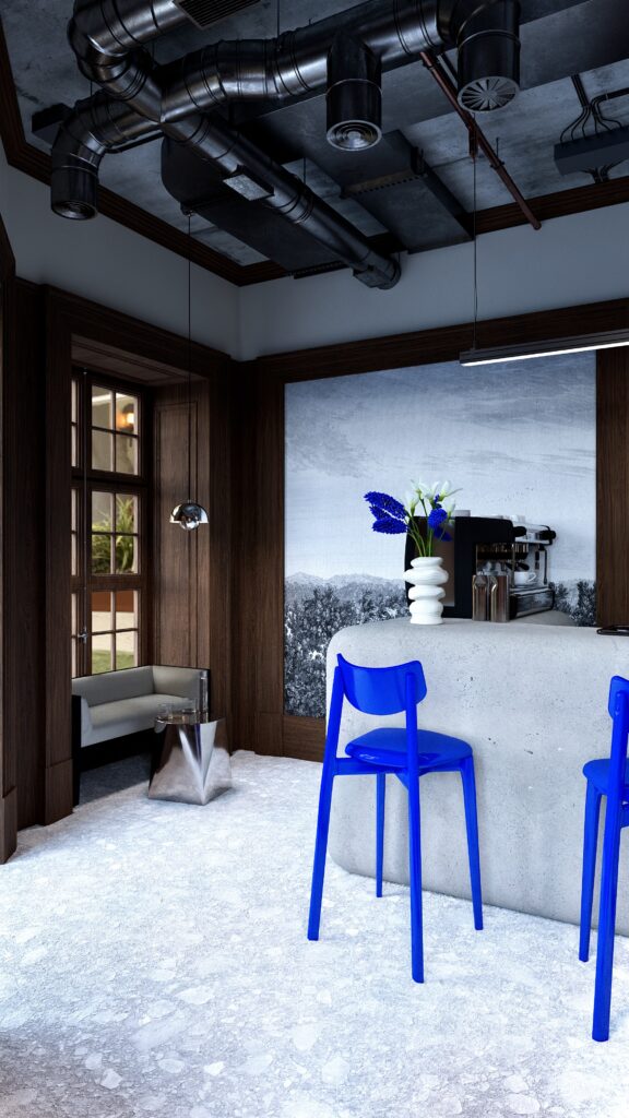 Imagine a unui design interior de cafenea din Oradea realizat de Fabiano Interiors, cu pereți și tâmplării din lemn închis, bar cu finisaj mineral texturat, scaune de bar albastre și iluminat contemporan. Spațiul combină materiale naturale, texturi decorative și accente cromatice puternice într-o amenajare elegantă și modernă.