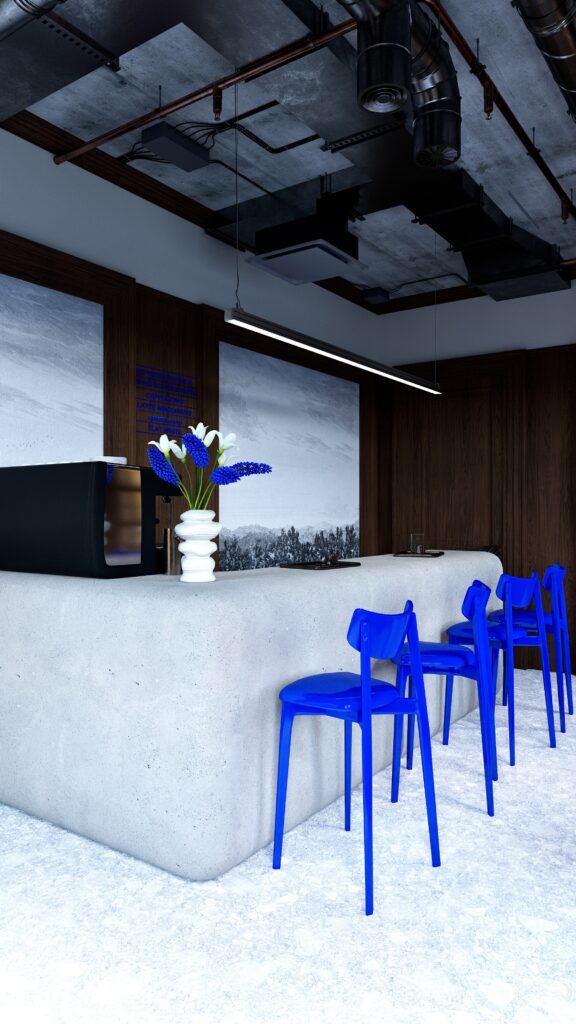 Amenajare interioară de cafenea în Oradea realizată de Fabiano Interiors, cu bar curbat cu finisaj texturat, mobilier din lemn închis, scaune albastre, ferestre cu tâmplărie din lemn și instalații aparente integrate în designul tavanului. Interior contemporan cu accente industriale, materiale naturale și iluminat decorativ.
