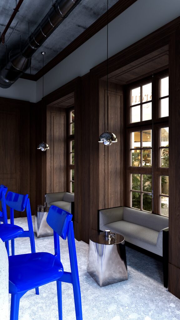 Imagine a unui design interior de cafenea din Oradea realizat de Fabiano Interiors, cu pereți și tâmplării din lemn închis, bar cu finisaj mineral texturat, scaune de bar albastre și iluminat contemporan. Spațiul combină materiale naturale, texturi decorative și accente cromatice puternice într-o amenajare elegantă și modernă.