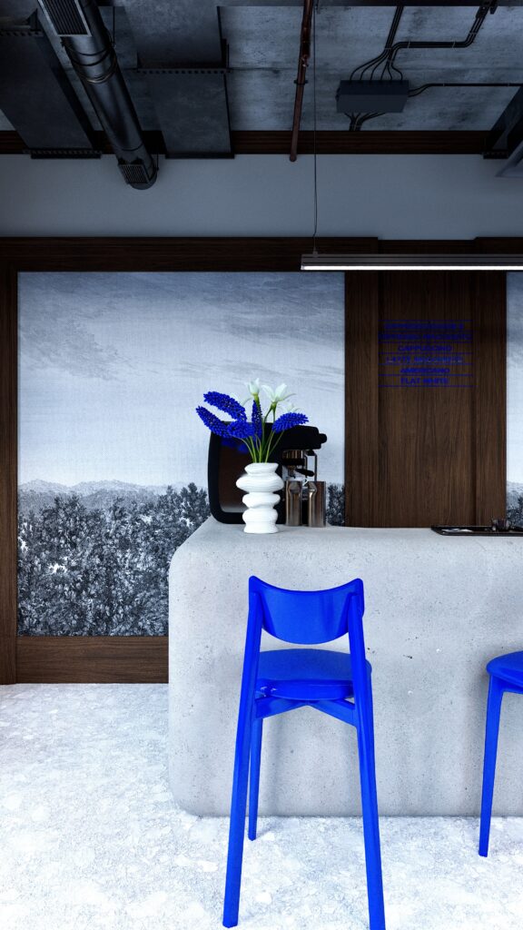 Imagine a unui design interior de cafenea din Oradea realizat de Fabiano Interiors, cu pereți și tâmplării din lemn închis, bar cu finisaj mineral texturat, scaune de bar albastre și iluminat contemporan. Spațiul combină materiale naturale, texturi decorative și accente cromatice puternice într-o amenajare elegantă și modernă.