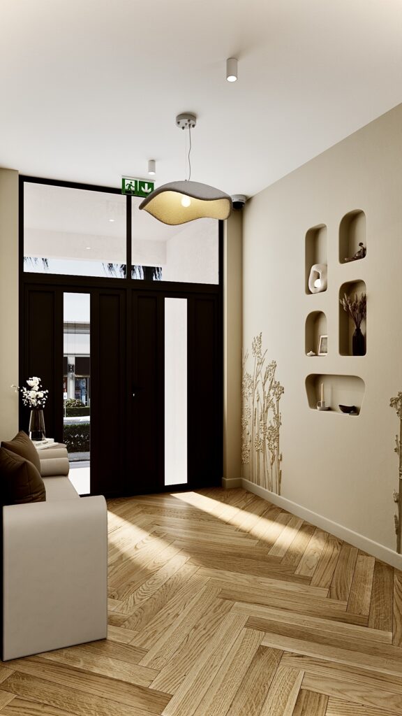 Concept de design interior pentru intrarea într-un complex de cosmetică în Oradea realizat de Fabiano Interiors, un spațiu primitor dotat cu tâmplărie de acces neagră, corp de iluminat suspendat sculptural în formă organică, semnalistică minimalistă și scări din lemn iluminate discret.