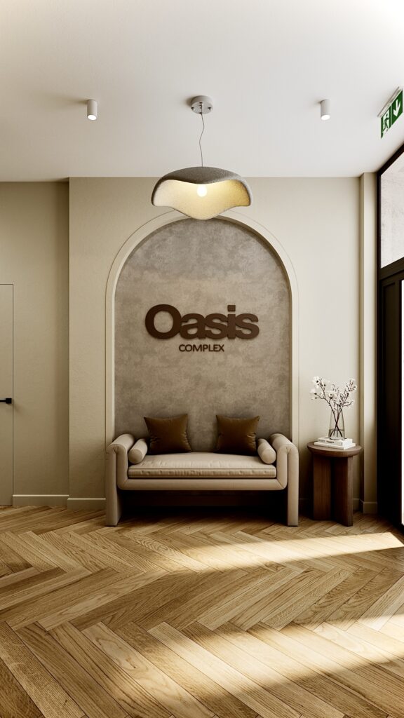 Concept de design interior pentru intrarea într-un complex de cosmetică în Oradea realizat de Fabiano Interiors, un spațiu primitor dotat cu tâmplărie de acces neagră, corp de iluminat suspendat sculptural în formă organică, semnalistică minimalistă și scări din lemn iluminate discret.
